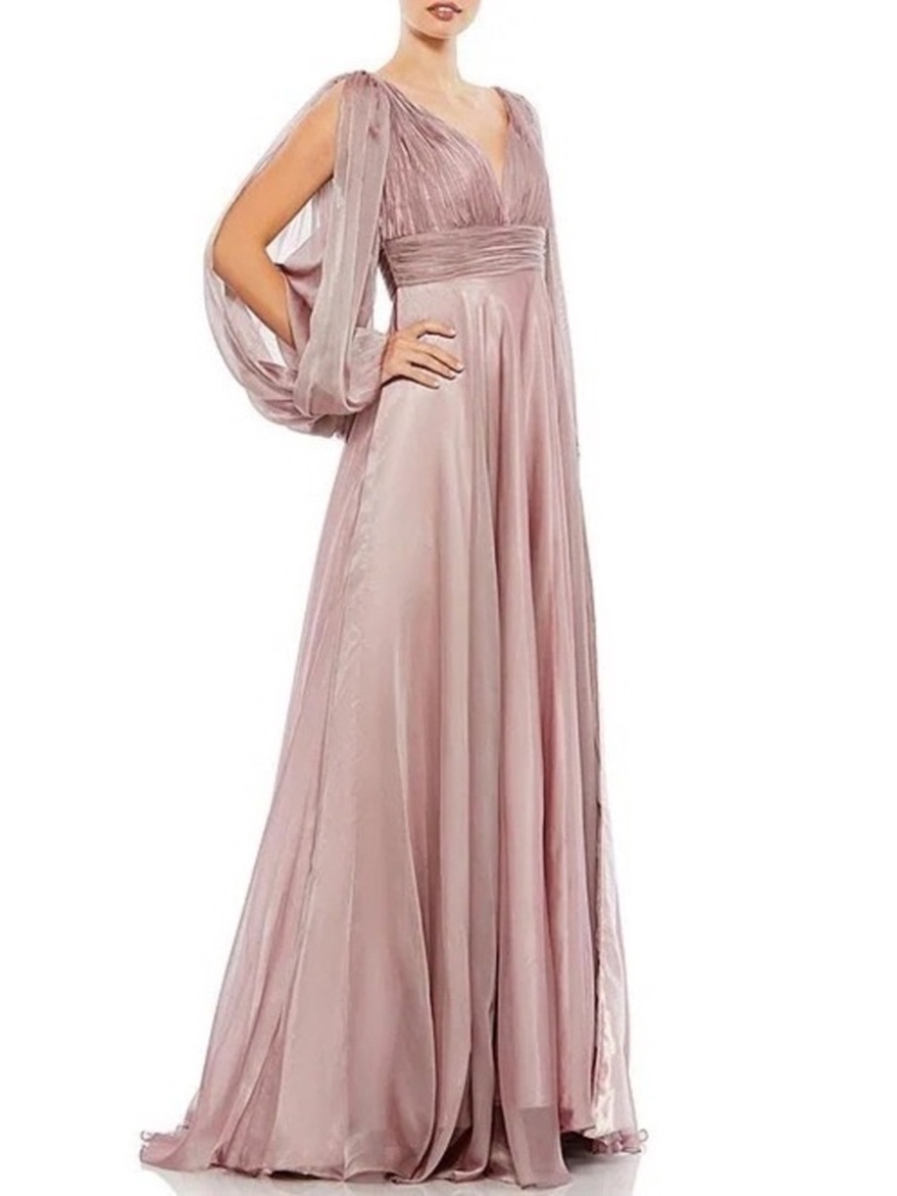 NWT Mac Duggal 67414 Mocha/Mauve Pleated Chiffon Gown Bishop Sleeve Beaded Cuff